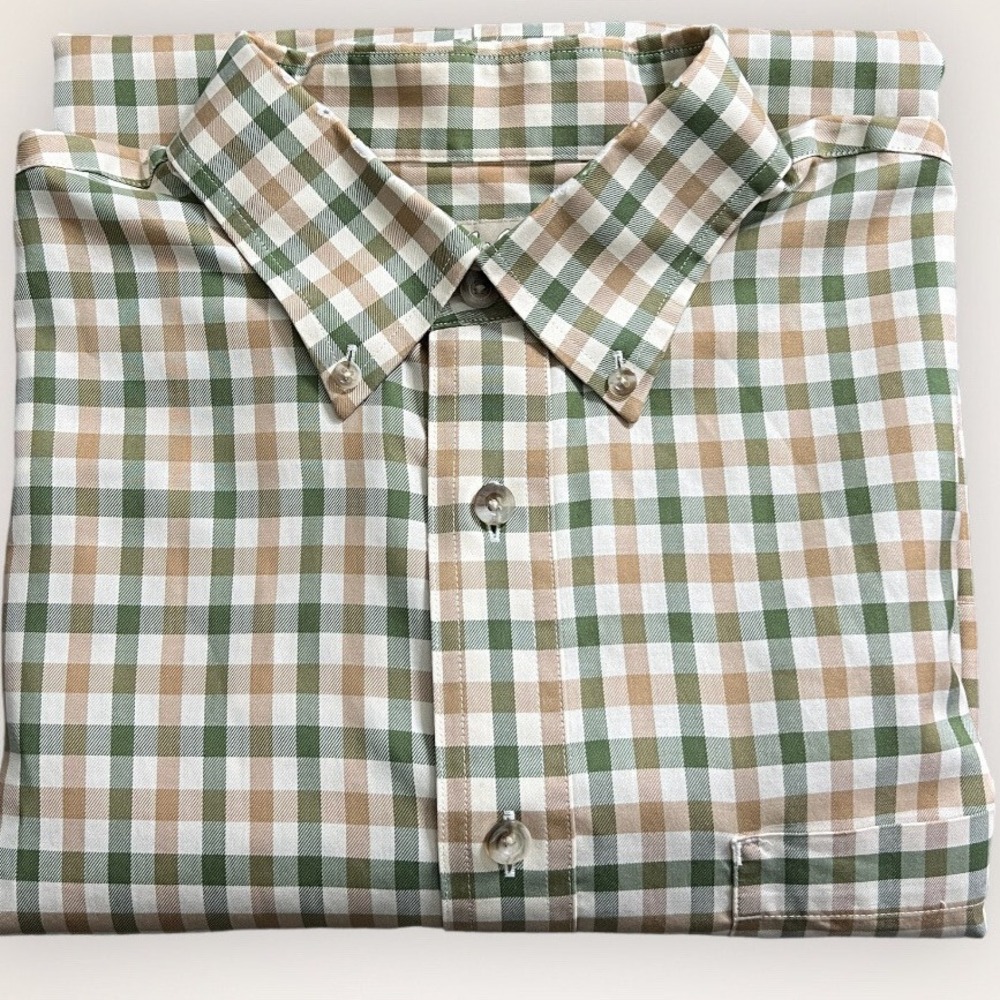 Cabela's Outfitter Green Tan Checked Large Mens Short Sleeve Tall Button Up‎